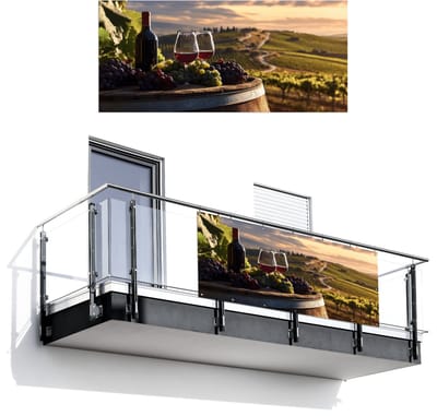 Balkonscherm 200x90 cm - Balkonposter Wijn - Druiven - Heuvels - Landschap - Balkon scherm decoratie - Balkonschermen - Balkondoek zonnescherm