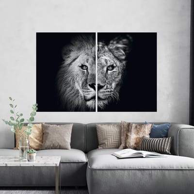 Modern Schilderij Woonkamer - Leeuw en Leeuwin - Tweeluik XL - 75 x 100 cm - Slaapkamer - zwart wit