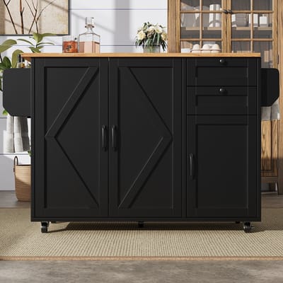 MODFU Keukentrolley Met Opklapbaar Blad En Opbergruimte - Modern - Voor Keuken Of Eetkamer - MDF - Zwart - 120 x 43,2 x 92 cm