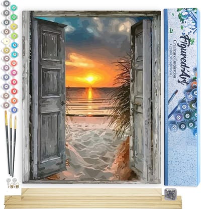 Figured'Art Schilderen op Nummer Volwassenen canvas Deur naar het strand - Handwerk acrylverf Kit DIY Compleet - 40x50cm met DIY houten lijst