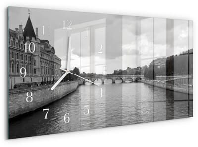 Tulup Wandklok - Bruggen van Parijs Wandklok Glas Decoratie - 60x30 cm - Zwart-wit Gekleurde Glazen Klok - Witte Handen - Rechthoekige Wandklok - Klok Glas Met Opdruk - Moderne Wandklok Glas