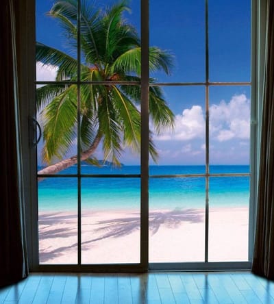 Fotobehang - Beach Window View 225x250cm - Vliesbehang