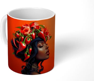 Mok - Koffiemok - Vrouw - Chilipepers - Pepers - Bloemen - Mokken - 350 ML - Beker - Koffiemokken - Theemok