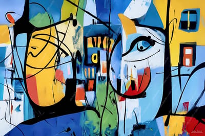 John Joseb Art (Aluminium) 120x80 | Abstracte kunst in Herman Brood stijl, kleurrijk | geometrisch, rood, geel, groen, blauw, modern | foto-schilderij op dibond, metaal wanddecoratie