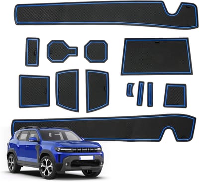 Non-slip rubbermatten voor middenconsole, bekerhouder en deuruitsparingen - Duster III 2024-2026, blauw, duurzaam en op maat gemaakt