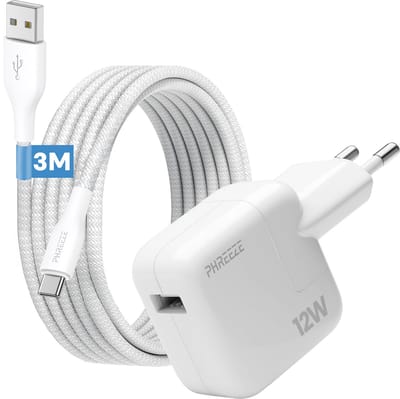 Phreeze 12 W usb stekker - Usb A naar usb C kabel - 3 meter - Oplaadstekker voor telefoon en tablet