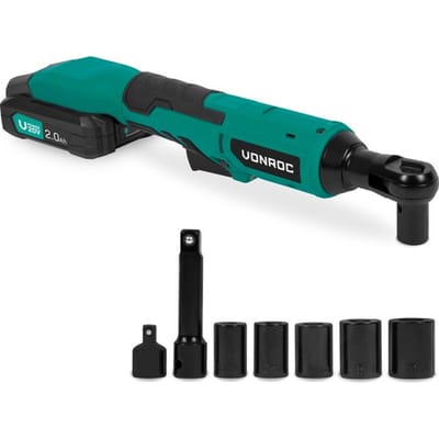 VONROC Accu ratelsleutel – 20V – 50Nm – 3/8” – incl. 8-delige doppenset – Incl. 2.0Ah Accu en snellader – ook voor handmatig gebruik – ideaal voor moeilijk te bereiken bouten en moeren.