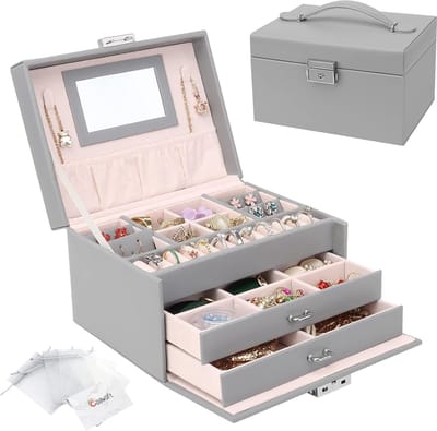 Famanu – Sieradenorganizer met twee lagen, luxe met fluwelen voering, sieradenopbergdoos, grijs