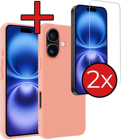 Hoesje - Met 2x Screenprotector - Geschikt voor Apple iPhone 16 - Sterk & Shockproof - Telefoon Hoes - Back Cover - Siliconen Case - Telefoonhoes - Perzik