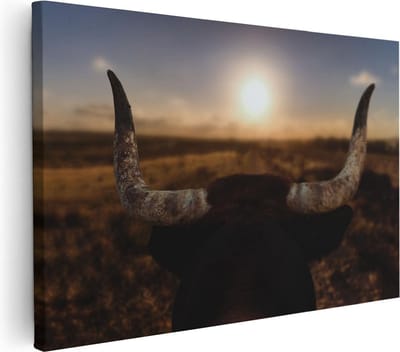 Artaza Canvas Schilderij Stier - 30x20 cm - Klein - Wanddecoratie Dierenkop - Muurdecoratie Zon - Kamer Accessoires