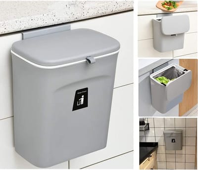 Compostbak voor keuken -2,4 gallons/9L prullenbak voor onder gootsteen, hangende kleine prullenbak met deksel voor badkamer/slaapkamer, compostemmer binnenshuis (grijs)