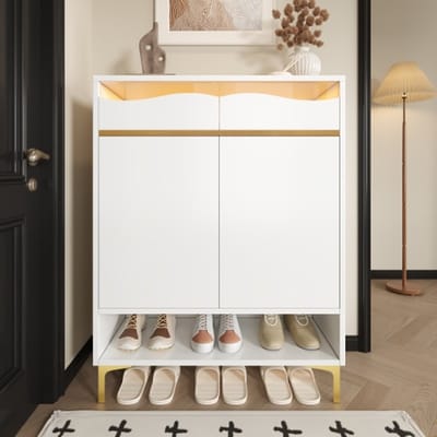 Modern Witte Schoenenkast met LED 16 Kleuren – Ruimtebesparende Hal Kast 80x35x105 cm met Lade & Planken – Opbergruimte voor Hal, Woonkamer & Entree