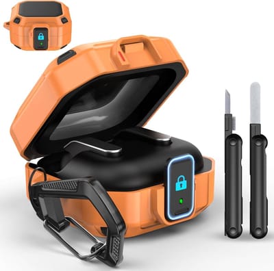 Rugged Armor Shockproof Beschermhoes voor Samsung Galaxy Buds 4 Pro en Buds 4, Inclusief Schoonmaakpen en Haak, Oranje, Volledige Bescherming voor Draagbaarheid en Stijl