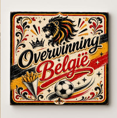 België Overwinning Voetbaltegel – Belgische Supporter Design met Leeuw, Voetbal, Friet en Vlagkleuren – Decoratieve Keramische Cadeautegel