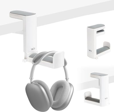 Ondersteunende Hoofdtelefoonstandaard voor Onder Bureau, Verstelbare Haak met Kabelclip voor Gaming Headsets - Wit