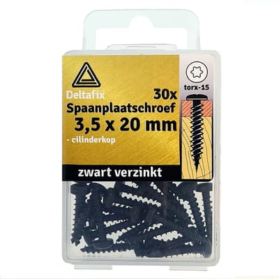 Deltafix spaanplaatschroef cilinderkop 3,5 x 20 mm - zwart - torx - verzinkt - 30 stuks