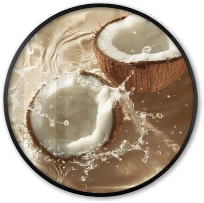 Poster in lijst Rond - Fotolijst 60x60 cm - Posters - Kokosnoot - Water - Beige - Spetters - Ronde posterlijst zwart - Decoratie - Wanddecoratie woonkamer - Muurdecoratie slaapkamer