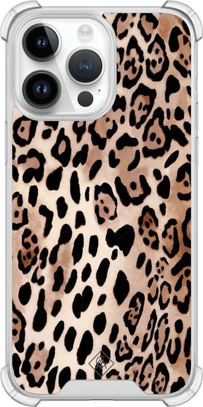 Casimoda® hoesje - Geschikt voor iPhone 14 Pro Max - Luipaard print bruin - Shockproof case - Extra sterk - TPU/polycarbonaat - Bruin/beige, Transparant