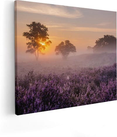 Artaza Canvas Schilderij Zonsondergang - 50x40 cm - Wanddecoratie Heide - Muurdecoratie Landschap - Kamer Accessoires Bomen Mist