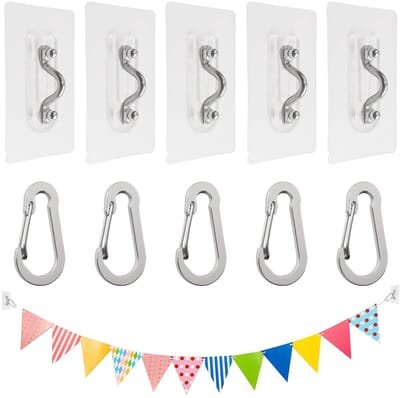 Self-adhesive hooks, 5 sets of nail-free self-adhesive wall hooks self-adhesive ceiling hooks with pad eye band plates and carabiners for hanging fairy light, wind chimes and pull flag