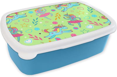 Broodtrommel Blauw - Lunchbox - Brooddoos - Ballerina - Eenhoorn - Patronen - Regenboog - 18x12x6 cm - Kinderen - Jongen