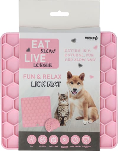 Eat Slow Live Longer Honingraat Likmat 23 x19 cm – Likmat honden en katten – Anti schrok – Slowfeeder – 100% Siliconen - Likplaat voor huisdieren - Vaatwasserbestendig – Voerpuzzel Kat - Roze