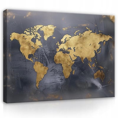 WALLARENA - Canvas schilderij - 100x70 cm - moderne wereldkaart in zwart en goud op canvas