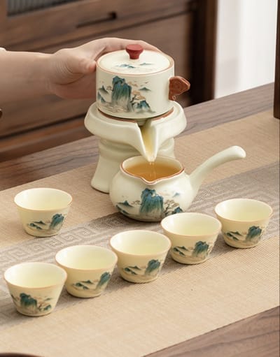 WK Luxe Ruyao Theeservies Set｜JinXiu ShanHe - Schitterende Bergen en Rivieren Serie｜Automatische Theepot + Fairness Cup + 6 Rechte Theekopjes｜Ervaar de schoonheid van traditionele Chinese theecultuur