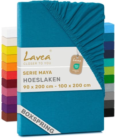 Lavea® Hoeslaken 90x200cm 100% Katoen – Hoge Hoek 35 cm voor Dikke Matrassen – met Elastiek Rondom in Jersey – voor Boxspring – Aquamarijn