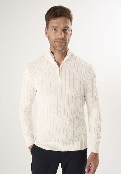 Felix Hardy Kabelgebreide Trui Met Halve Rits - 100% Katoen Heren Ecru - 2Xl