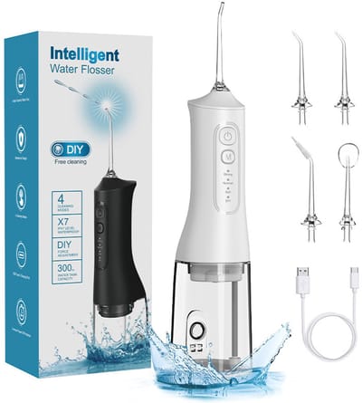 Waterflosser - Oplaadbare 300ml IPX7 Waterdichte Draadloze Monddouche - 4 Standen & 6 Opzetstukken - Professionele Tandenreiniger voor Thuis, Reizen, Tandvlees, Beugels - Wit - 1 Stuk