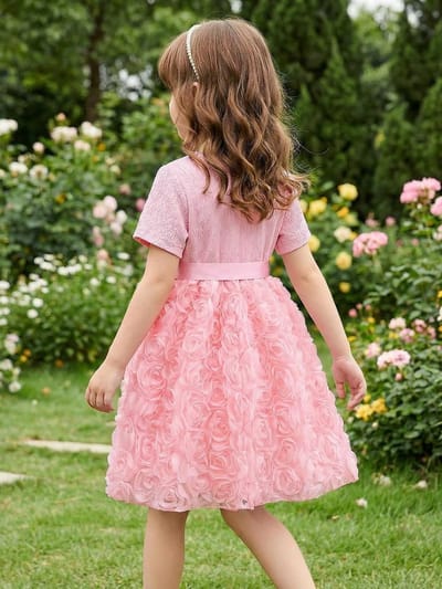 Meisjesjurk met korte mouwen, 3D-print rozen, tule feestjurk voor kinderen van 2-7 jaar, verjaardagsjurk met satijnen band en schattige details