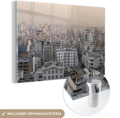 ® Glasschilderij 180x120 cm - Schilderij acrylglas - Zonsondergang boven Teheran in Iran - Foto op glas - Muurdecoratie woonkamer - Wanddecoratie slaapkamer - Schilderijen