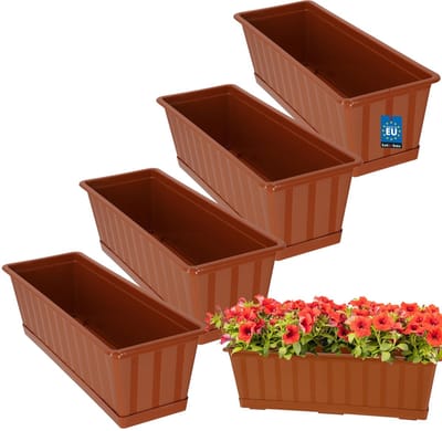 KOTARBAU® 4 st Balkonbak, Bloembak voor Balkon, Kunststof, 50 x 18 x 14 cm, Plantenbak, Terracotta, Plantenbak Balkon, met Schotel, Rechthoekig
