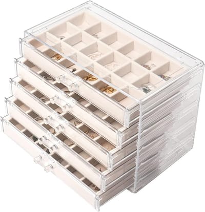 Nideen Acryl juwelendoos, sieradenkistje met 5 laden, oorbelopslag, sieradenopslag, organizer voor oorbellen, ringen, sieraden, organizers (beige)