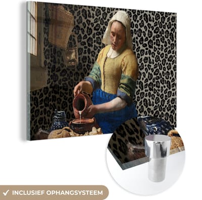 MuchoWow® Glasschilderij 120x80 cm - Schilderij acrylglas - Melkmeisje - Kunst - Panterprint - Vermeer - Schilderij - Oude meesters - Foto op glas - Schilderijen