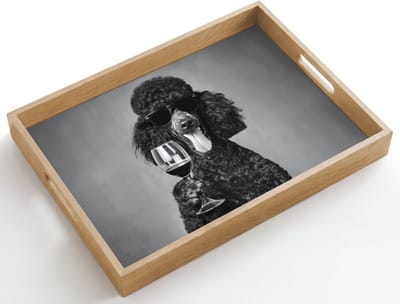 Dienblad hout 50x35 cm - Schootdienblad - Hond - Krullen - Zonnebril - Wijn - Borrelplank rechthoek - Plateau dienbladen