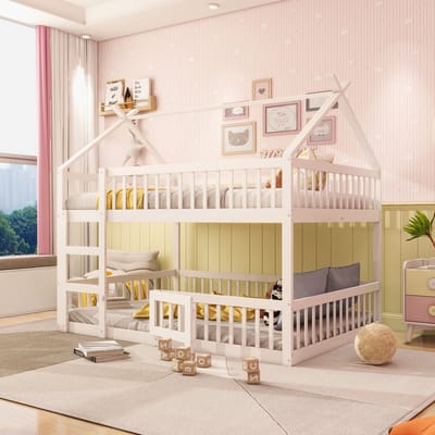 HAUSS SPOLE Eenpersoonsbedden 140x200 cm - Kinder-Etagenbed Met Veiligheidshek En Speelruimte - Hout - Wit