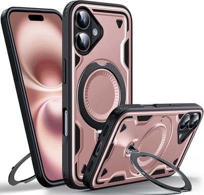 Magsafe Hoesje Geschikt voor iPhone 16 Hoesje Rose Goud - Armor Hoesje met Met Draaibare Ring Houder