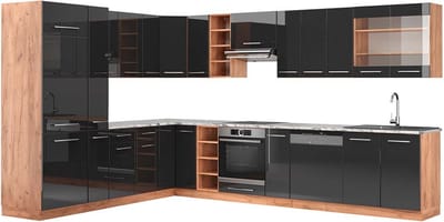 Vicco Hoekkeuken Fame-Line, Antraciet Hoogglans/Goudkleurig Eiken, 347 x 257 cm, WB Marmer