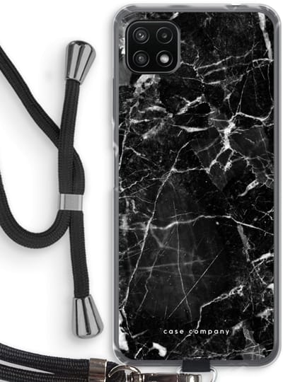 Case Company® - Hoesje met koord geschikt voor Samsung Galaxy A22 5G hoesje met Koord - Zwart Marmer - Telefoonhoesje met Zwart Koord - Bescherming aan alle Kanten en Over de Schermrand
