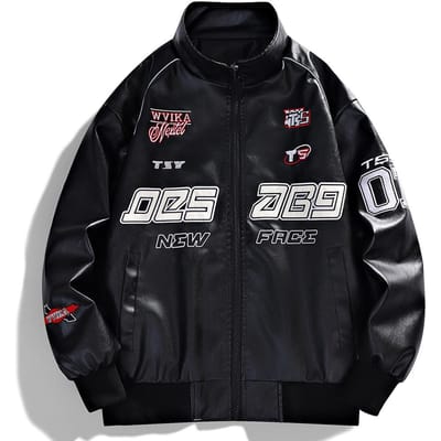 Amerikaanse Racing Pak Geborduurd Leren Jas Heren Straat Knap Opstaande Kraag Motorfiets Leren Jas Jas L
