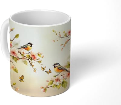 Mok - Koffiemok - Takken - Bloemen - Vogeltjes - Roze - Mokken - 350 ML - Beker - Koffiemokken - Theemok