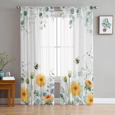 Pastorale Vlinder Bloem Madeliefje Paardenbloem Transparante Gordijnen Slaapkamer Woonkamer Voile Raamgordijnen Tule Gordijnen voor Kinderkamer 135W x 114H(cm) white
