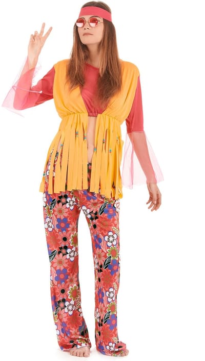 Vegaoo - Geel met roze hippie kostuum voor vrouwen