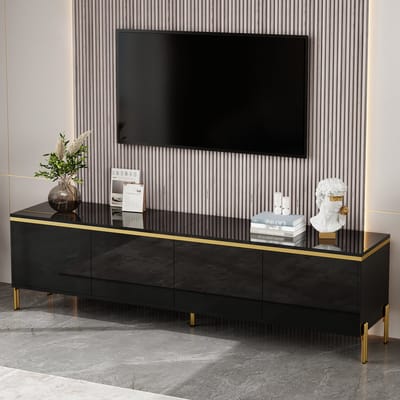DESMIU Tv Meubel - Hoogglans Kast Met 4 Deuren En Kabeldoorvoer - Voor Woonkamer En Mediahoek - Spaanplaat Metaal - 170x38x50 Cm - Zwart