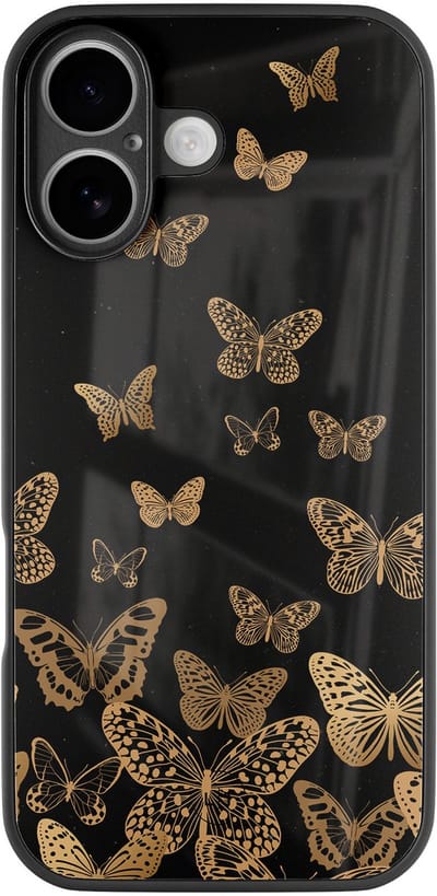 Hoesje geschikt voor iPhone 16 - Vlinders - Luxe Glazen Hardcase - Hippe print - Zwart, Goud - Leuke Telefoonhoesjes