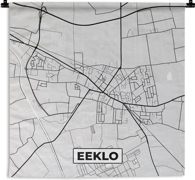 Wandkleed - Wanddoek - Zwart Wit – België – Plattegrond – Stadskaart – Kaart – Eeklo - 180x180 cm - Wandtapijt