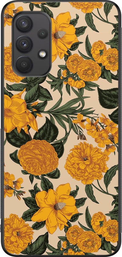 Leuke Telefoonhoesjes - Hoesje geschikt voor Samsung Galaxy A32 4G - Retro flowers - Backcover zwart - Bloemen - Geel