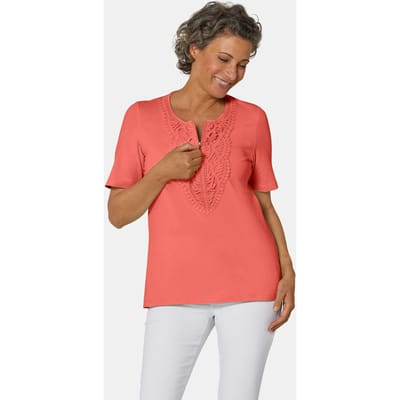 Shirt met ronde hals en gehaakt kant - koraalrood - Gr. 38 van Goldner Fashion